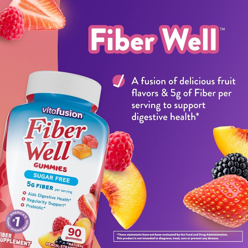 Vitafusion Fiber Well Sugar Free Fiber Gummy Supplement - Peach, Strawberry and Berry Flavored - 90ct, 4 of 13