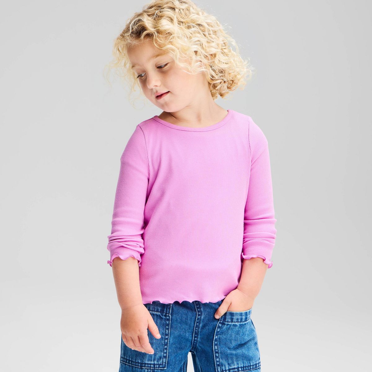 Baby and Toddler Girls' Solid Ribbed Scallop Hem Long Sleeve T-Shirt - Cat & Jack™ - thumbnail 7