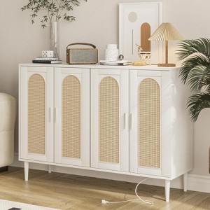 Sideboard Buffet Cabinet, 4 Rattan Doors Accent Storage Cabinet, Console Table Coffee Bar with Power Outlet, Adjustable Shelves for Dining Room - 1 of 4