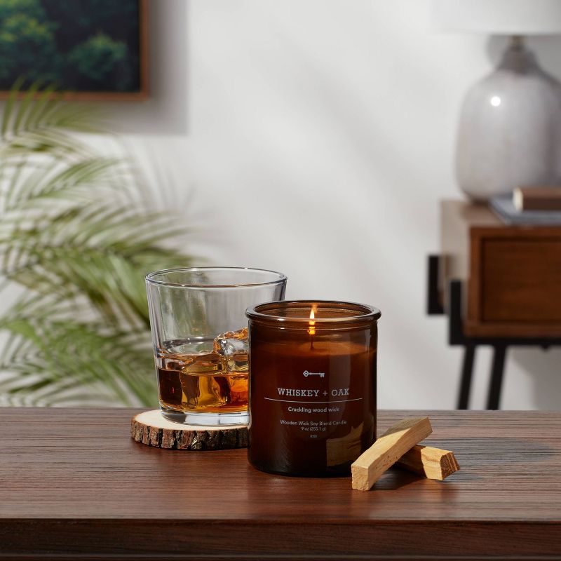 Amber Glass Whiskey + Oak Lidded Wooden Wick Jar Candle 9oz - Threshold&#8482;, 2 of 4