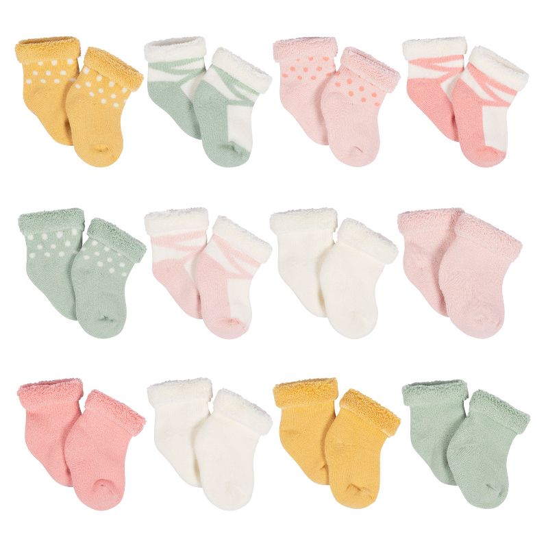 Gerber Baby Girls' 12-Pack Terry Wiggle Proof® Socks Golden Floral, 1 of 10
