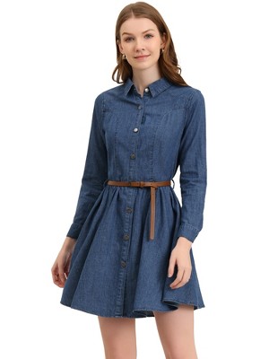 Allegra K Women's Denim Shirt Dress Button Down Long Sleeve Belted ...