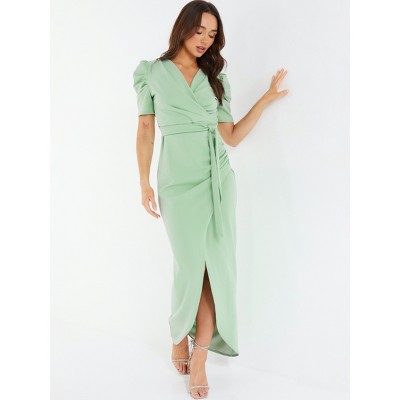 Quiz Women's Wrap Puff Sleeve Evening Dress-sage : Target