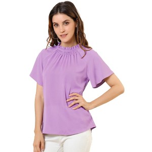 Allegra K Women's Short Sleeve Casual Business Pleated Mock Neck Tops - 1 of 4