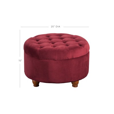 Berry Velvet Tufted Round Cocktail Ottoman with Rustic Wood Legs