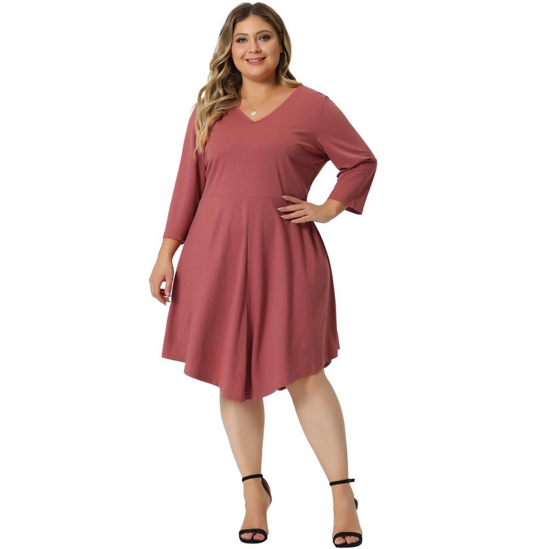 Agnes Orinda Women's Plus Size V Neck 3/4 Sleeve Casual Swing Loose A-Line Dresses, 3 of 6