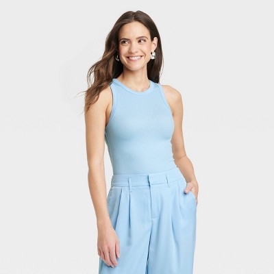 Women's Slim Fit Ribbed High Neck Tank Top - A New Day™ Light Blue L