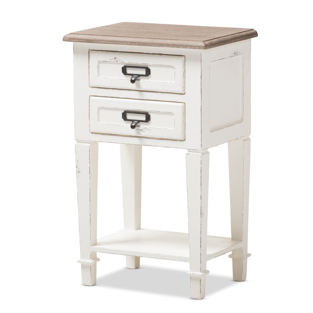 Dauphine 2 Drawer Provincial Style Oak and Distressed Finish Wood Nightstand White - Baxton Studio