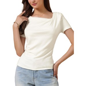 INSPIRE CHIC Women's Short Sleeves Asymmetrical Neck Ruched Going Out Crop Basic Blouses - 1 of 4