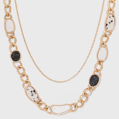 Dalmation Jasper and Black Howlite Semi-Precious Curb Chain Layered Multi-Strand Necklace - Universal Thread™