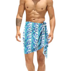 LA LEELA Men's Sarong Aloha Swim Beach Pareo Wrap One Size Allover Leafs Blue - 1 of 4