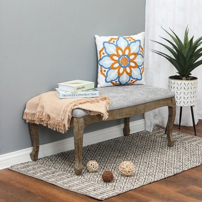 Gray Linen Upholstered Bench with Fir Wood Cabriole Legs