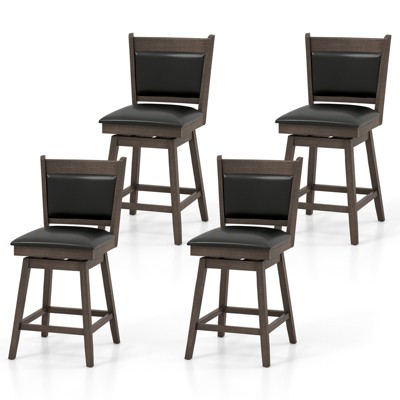 Tangkula 25" Bar Stools Set of 4 Upholstered Swivel Bar Chairs with Ergonomic Back Footrest & Rubber Wood Legs Wooden Faux Leather Counter Height