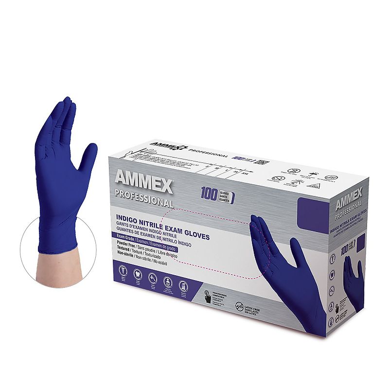 Ammex Indigo Powder Free Nitrile Exam Gloves Latex Free Large AINPF46100, 1 of 6