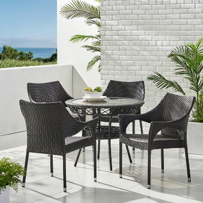 GDFStudio Blythe Outdoor Wicker and Tempered Glass 5 Piece Dining Set