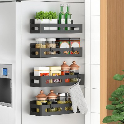 Attop 4-Pack Black Magnetic Spice Rack for Refrigerator – Moveable Shelf Fridge Organizer with 4 Hooks for Kitchen/Oven