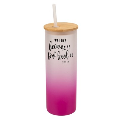Elanze Designs We Love Because He First Loved Us Faith Wrap-Around Design 25 Ounce Frosted Gradient Glass On-The-Go Coffee Travel Skinny Tumbler Mug