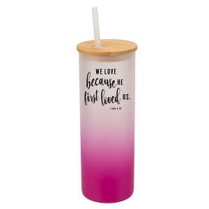 Elanze Designs We Love Because He First Loved Us Faith Wrap-Around Design 25 Ounce Frosted Gradient Glass On-The-Go Coffee Travel Skinny Tumbler Mug - 1 of 1