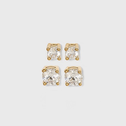 14k Gold Plated Cubic Zirconia Duo Stud Earring Set 2pc - A New