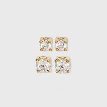14K Gold Plated Cubic Zirconia Duo Stud Earring Set 2pc - A New Day™