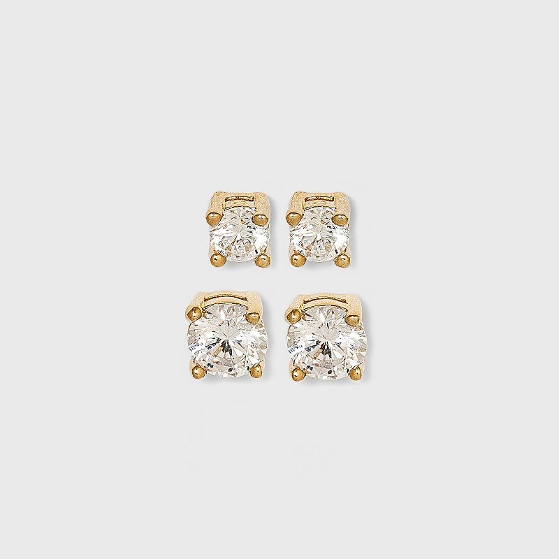 14K Gold Plated Cubic Zirconia Duo Stud Earring Set 2pc - A New Day&#8482;, 1 of 5