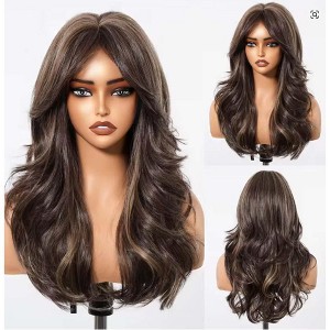 Jessie's Wig Long Layered Wavy Wig With Bangs Brown Highlight Heat Resistant Synthetic Hair Wigs For Women 22 Inch - 1 of 4