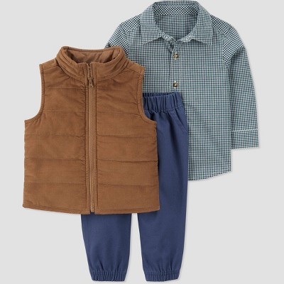 Image of Carter's Just One You®️ Baby Boys' Vest 3pc Button-Down Top & Bottom Set - Brown/Blue 6M
