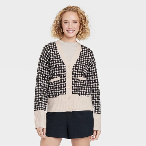 Women s Cozy Knit Everyday Cardigan A New Day Taupe black Houndstooth M Target