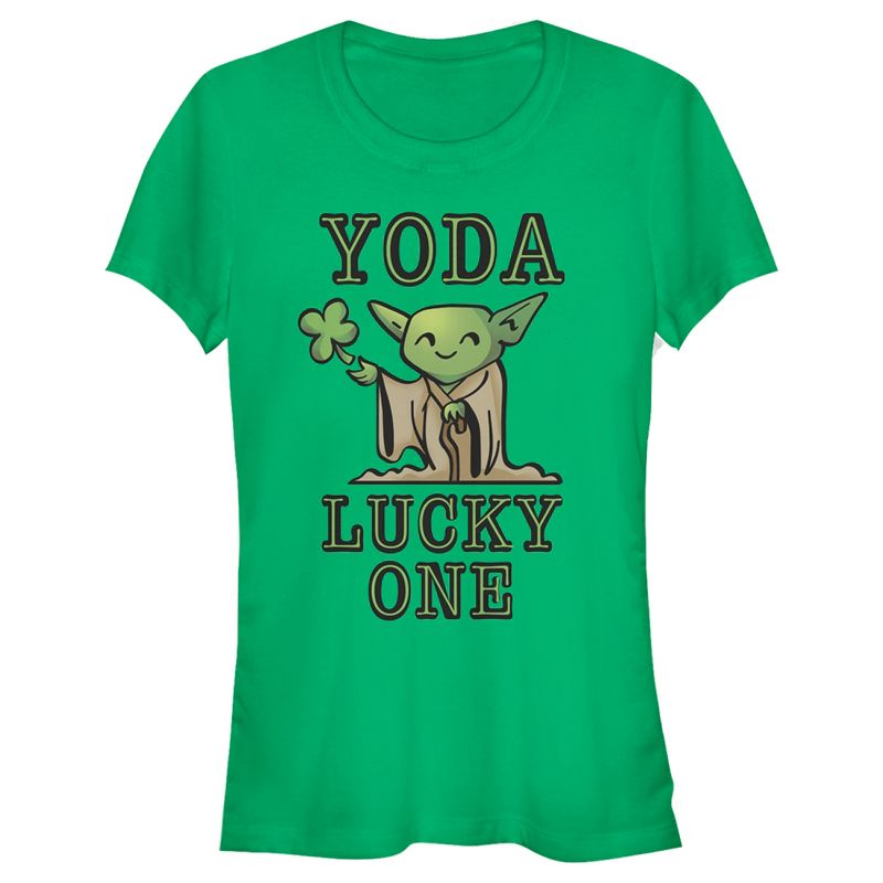 Juniors Womens Star Wars St. Patrick's Day Cartoon Yoda Lucky One T-Shirt, 1 of 5
