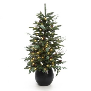LuxenHome 4Ft Pre-Lit Green Artificial Pine Christmas Tree with Pinecones and Round Black Pot - 1 of 4