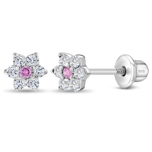 Girls' CZ Cluster Flower Screw Back Sterling Silver Earrings - In Season Jewelry - 1 of 4