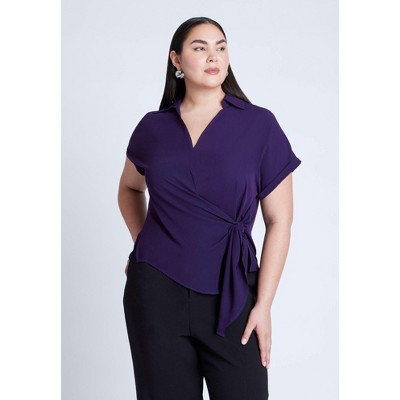 ELOQUII Women's Plus Size Short Sleeve Collared Top With Waist Tie