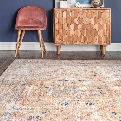 Gold and Nude Synthetic Floral Rectangular Area Rug