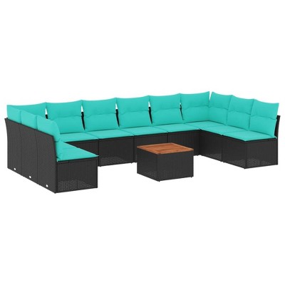 vidaXL 11 Piece Patio Sofa Set with Cushions Black Poly Rattan - Black and Blue