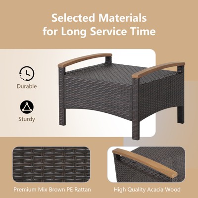 Beige PE Wicker Patio Ottomans with Acacia Wood Handles