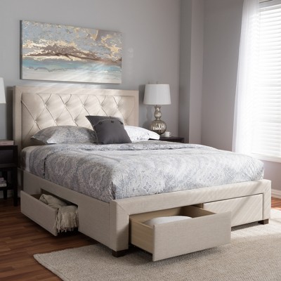 Luxurious King-Sized Light Beige Upholstered Bed with Tufted Headboard and Storage Drawers