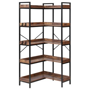 VEVOR 5 Tier Corner Bookshelf with 4 Hooks, 65.4" Tall Corner Bookcase with Heavy Duty Metal Frame & Wooden Shelves, Brown - 1 of 4