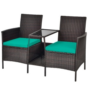 Tangkula Patio Loveseat 2 Person Cushioned Seats With Center Table Outdoor Rattan Furniture Set Turquoise/ Red - 1 of 4
