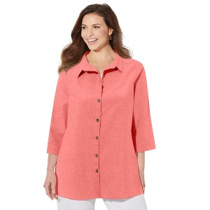 Catherines Women's Plus Size Classic Linen Buttonfront Shirt - 1 of 4