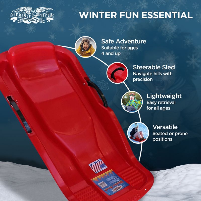 Flexible Flyer Winter Heat Plastic Snow Sled, 1 Person Winter Toy Toboggan with Steering and Brakes for Kids and Adults, Ages 4 and Up, Red, 2 of 7