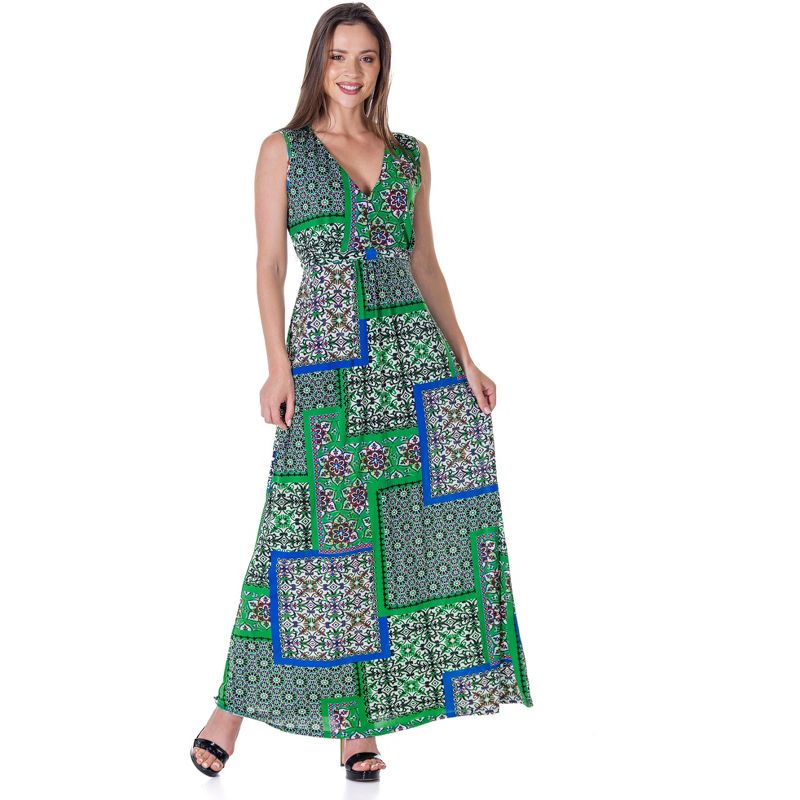 24seven Comfort Apparel Womens Green Scarf Print V Neck Empire Waist Sleeveless Maxi Dress, 1 of 9