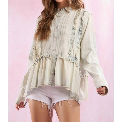 Women's Washed Out Denim Ruffle Blouse - Peach Love L