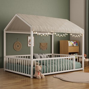 Twin/Full Size Montessori Metal Floor Bed Frame, House Shaped Bed with Safety Fence for Kids & Toddlers - ModernLuxe - 1 of 4