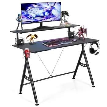Tangkula Gaming Desk Dual Monitor Mount Ergonomic Y Shaped Computer Desk w/Cup Holder Headphone Hook