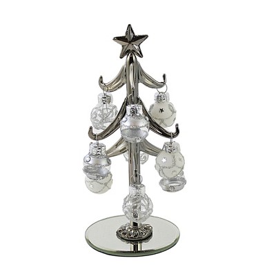 Christmas 6.25" Silver Tree With Ornaments Glass Balls Mirror Base  -  Decorative Figurines