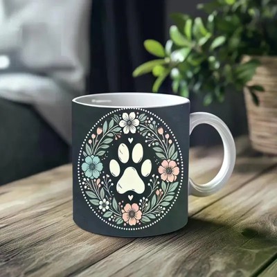 1pc_Claw Prints And Flowers ceramic cup 11 ounces, coffee/tea/wine glass, suitable for Valentine's Day, birthdays