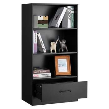 Tangkula 4-Tier Bookcase w/Storage Drawer Modern Storage Shelf w/3-Tier Open Shelf Freestanding Display Shelf Grey/Natural/White
