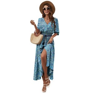 Coolmee Women's Boho Floral Dress Half Puff Sleeve V Neck Smocked Waist Summer Beach Flowy Maxi Dresses - 1 of 4