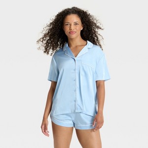 Women's Satin Short Sleeve Notch Collar Shirt and Shorts Pajama Set - Wild Fable™ - 1 of 4