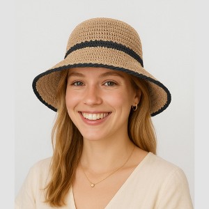 Anna-Kaci Packable Crochet Straw Bucket Hat with Two-Tone Design Lightweight Summer Sun Hat for Beach Travel Hiking Outdoor Use - 1 of 4